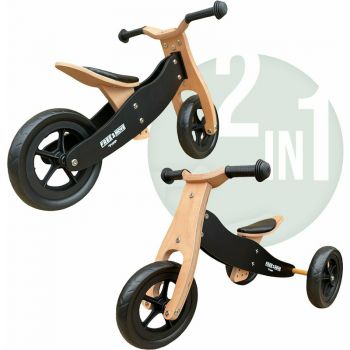 Tricicleta copii fara pedale Free2Move din lemn 2 in 1 Brown Black, transformabila in bicicleta de echilibru, varsta 1,6-3 ani, scaun reglabil pe inaltime, limitator de directie si roti silentioase