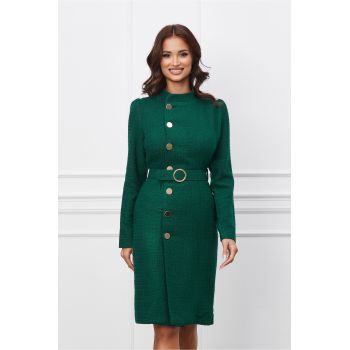 Rochie Dy Fashion verde din tweed cu nasturi si curea ieftina