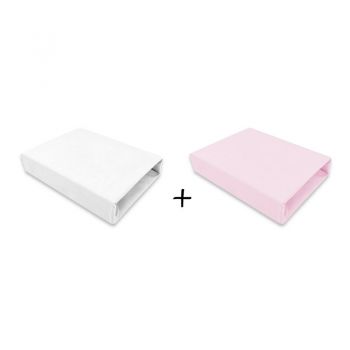Set 2 cearceafuri cu elastic pentru patut 90x50 cm din bumbac Qmini white and pink