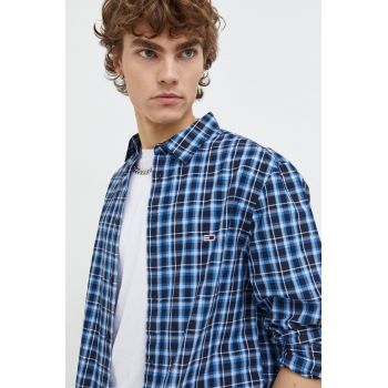 Tommy Jeans cămașă din bumbac bărbați, culoarea bleumarin, cu guler clasic, regular DM0DM18470