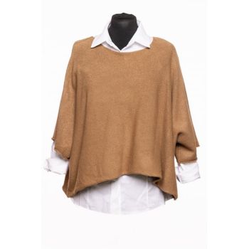 Pulover versatil cu maneca fluture din vascoza, camel