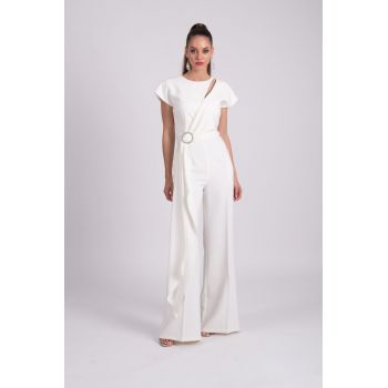 Salopeta eleganta alba cu pantalon evazat