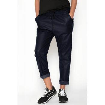 Pantaloni lungi bleumarin din piele ecologica cu snur in talie de firma originale