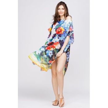 Rochie de plaja tip poncho din matase cu reproducere dupa o pictura cu maci de firma originale