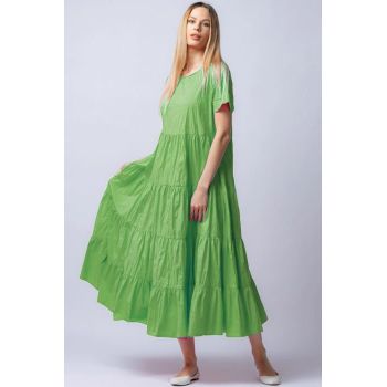 Rochie lunga verde deschis cu patru volane