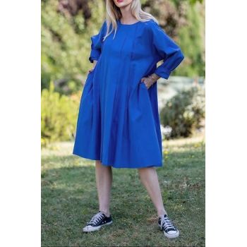 Rochie midi albastra cu pliuri in fata si spate, din poplin de bumbac de firma originala