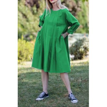 Rochie midi verde cu pliuri in fata si spate, din poplin de bumbac ieftina