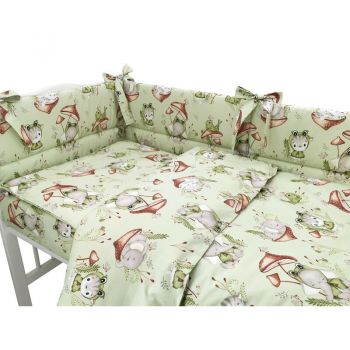 Set lenjerie patut 5 piese Qmini cu pilota si perna din bumbac 120x60 cm Frogs la reducere