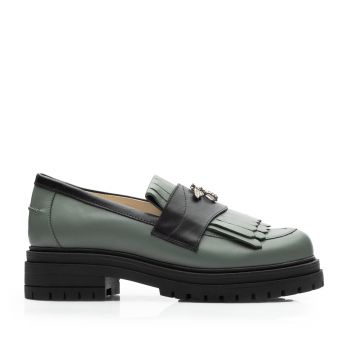 Pantofi casual damă din piele naturală, Leofex - 405 Verde Negru Box de firma originala