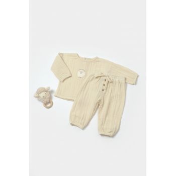 Set bluza si pantaloni, Winter muselin, 100% bumbac - Stone, BabyCosy