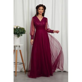 Rochie de ocazie din tull cu dantela Dinasty Bordo ieftina