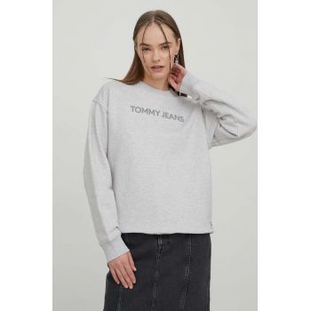 Tommy Jeans hanorac de bumbac femei, culoarea gri, cu imprimeu DW0DW17327