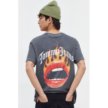 Tommy Jeans tricou din bumbac bărbați, culoarea gri, cu imprimeu DM0DM18280