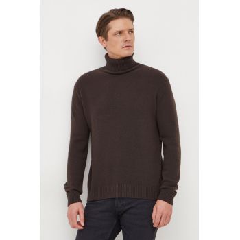 Sisley pulover de lana barbati, culoarea maro, cu guler de firma original