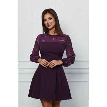 Rochie Dy Fashion magenta cu imprimeu maro pe maneci la reducere