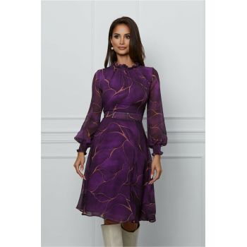 Rochie Dy Fashion mov din voal cu imprimeuri maro