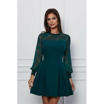 Rochie Dy Fashion verde cu imprimeu maro pe maneci la reducere