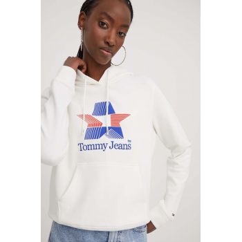 Tommy Jeans hanorac de bumbac femei, culoarea bej, cu glugă, cu imprimeu