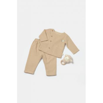 Set bluza cu nasturi si pantaloni , Winter muselin, 100% bumbac - Apricot, BabyCosy