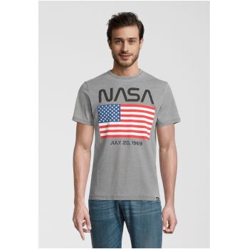 Tricou de bumbac cu decolteu la baza gatului NASA Moon Landing Date USA Flag 5377