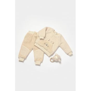 Set bluza cu buzunar si pantaloni Ursulet, Winter muselin, 100% bumbac dublat - Stone, BabyCosy ieftin