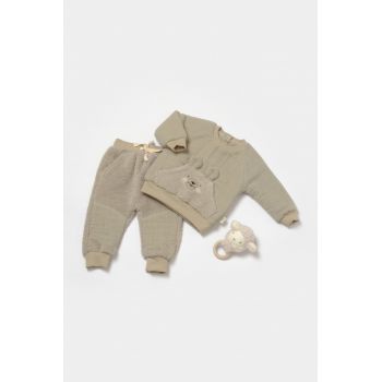 Set bluza cu buzunar si pantaloni Ursulet, Winter muselin, 100% bumbac dublat - Verde, BabyCosy