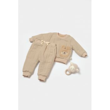 Set bluza dublata si pantaloni Ursulet, Winter muselin, 100% bumbac - Apricot, BabyCosy ieftin