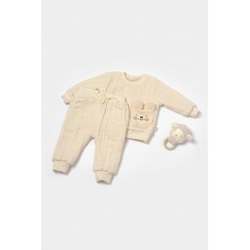 Set bluza dublata si pantaloni Ursulet, Winter muselin, 100% bumbac - Stone, BabyCosy