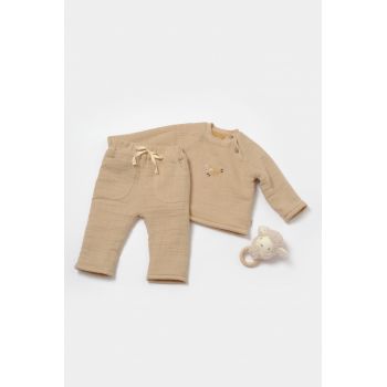 Set bluza dublata si pantaloni, Winter muselin, 100% bumbac - Apricot, BabyCosy de firma original
