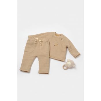 Set bluza dublata si pantaloni, Winter muselin, 100% bumbac - Apricot, BabyCosy