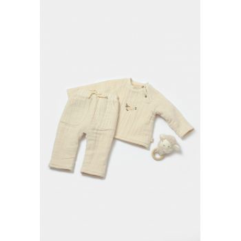 Set bluza dublata si pantaloni, Winter muselin, 100% bumbac - Stone, BabyCosy