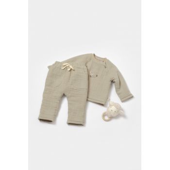 Set bluza dublata si pantaloni, Winter muselin, 100% bumbac - Verde, BabyCosy