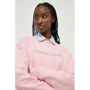 Tommy Jeans hanorac de bumbac femei, culoarea roz, cu imprimeu