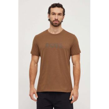 BOSS tricou din bumbac bărbați, culoarea maro, cu imprimeu, 50503276