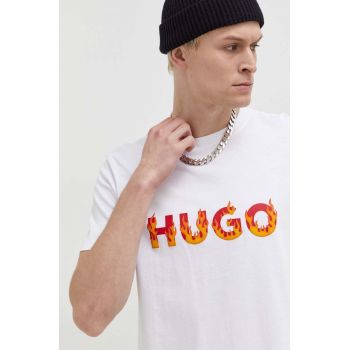 HUGO tricou din bumbac barbati, culoarea bej, cu imprimeu