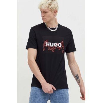 HUGO tricou din bumbac barbati, culoarea negru, cu imprimeu