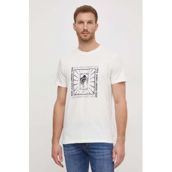 Pepe Jeans tricou din bumbac Chuck barbati, culoarea bej, cu imprimeu