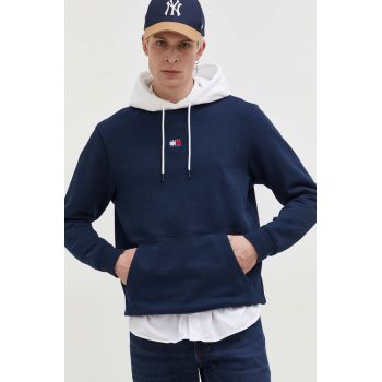 Tommy Jeans bluză bărbați, culoarea bleumarin, cu glugă, imprimeu DM0DM18420