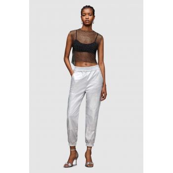 AllSaints pantaloni de bumbac Yara culoarea argintiu, high waist