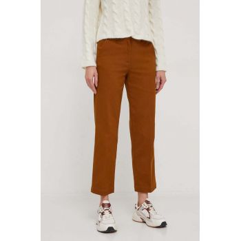 Sisley pantaloni femei, culoarea maro, drept, high waist