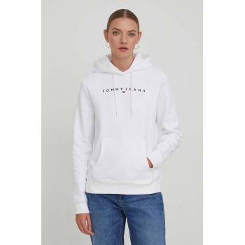 Tommy Jeans bluza femei, culoarea alb, cu glugă, cu imprimeu