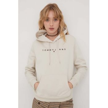 Tommy Jeans bluza femei, culoarea bej, cu glugă, cu imprimeu, DW0DW17324