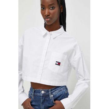 Tommy Jeans camasa din bumbac femei, culoarea alb, cu guler clasic, relaxed de firma originala