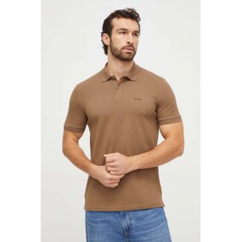 BOSS polo de bumbac culoarea maro, neted