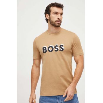 BOSS tricou din bumbac barbati, culoarea bej, cu imprimeu