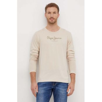 Pepe Jeans tricou din bumbac Eggo barbati, culoarea bej, cu imprimeu