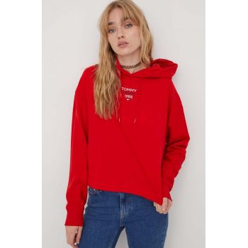 Tommy Jeans bluză femei, culoarea roșu, cu glugă, imprimeu DW0DW17322