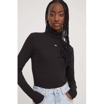 Tommy Jeans longsleeve femei, culoarea negru, cu guler