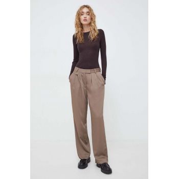 Bruuns Bazaar pantaloni femei, culoarea bej, drept, high waist