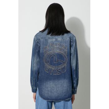 Evisu cămașă din denim Seagull Appolique bărbați, cu guler clasic, relaxed, 2EAHTM3SL8012RXCT